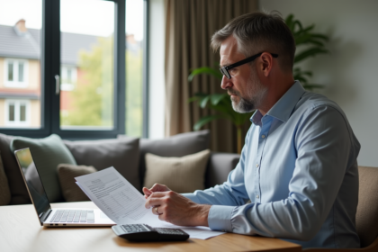 Homme d'âge moyen vérifiant documents fiscaux de location