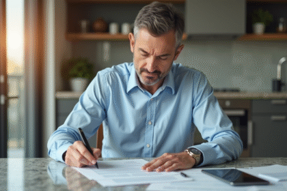 Homme d'âge moyen examine des documents de prêt immobilier à la maison
