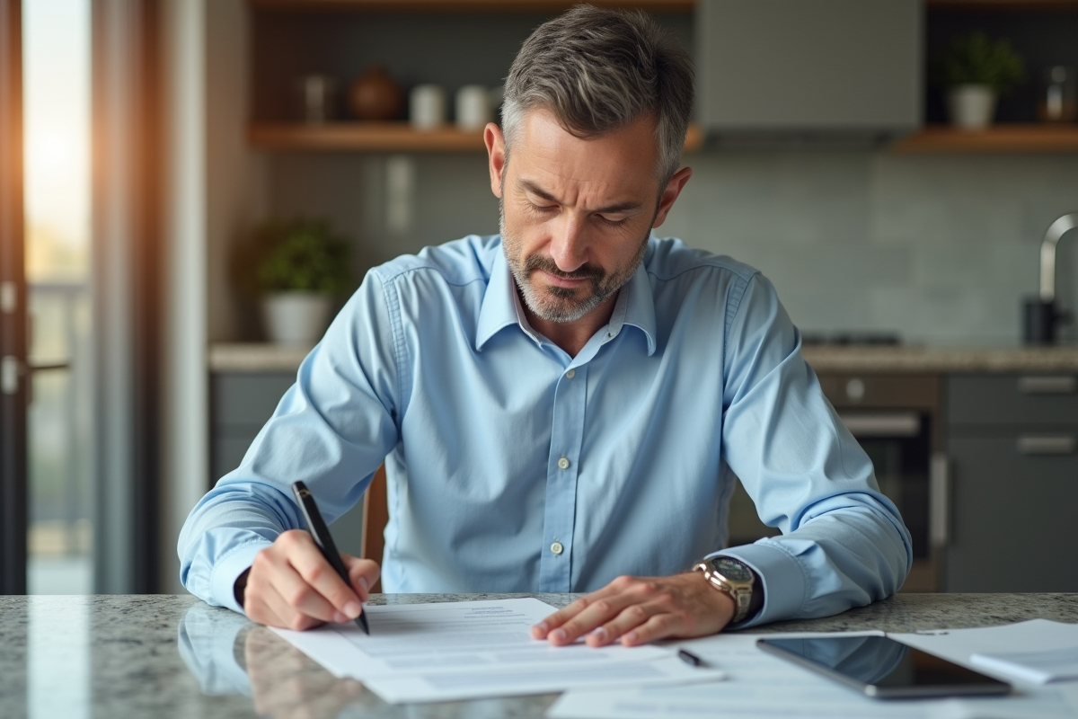 Homme d'âge moyen examine des documents de prêt immobilier à la maison