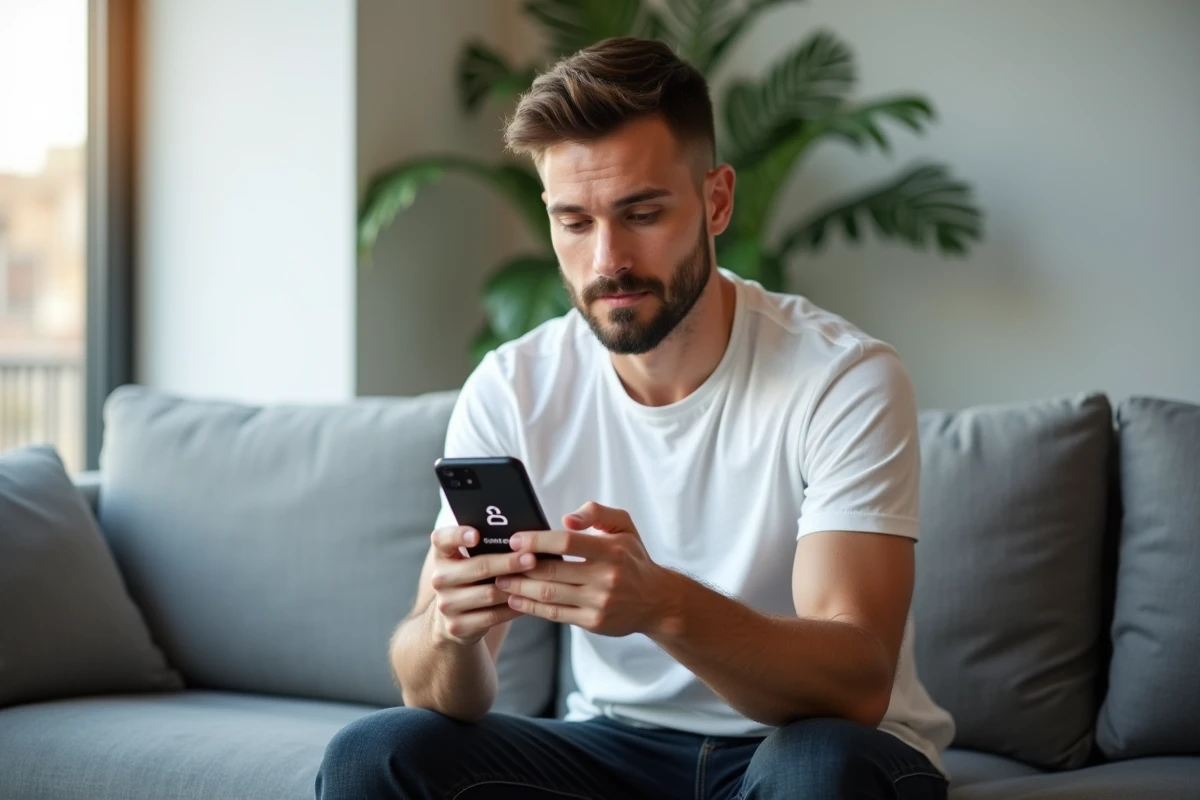 Jeune homme consultant l'application MyFoncia sur smartphone avec une erreur de chargement de l'espace client