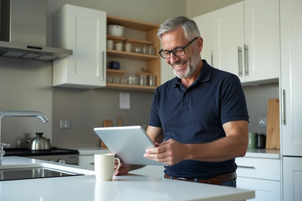 Homme utilisant une tablette dans une cuisine moderne