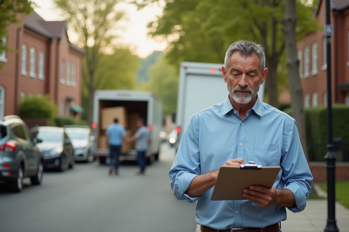Homme vérifiant un contrat devant un camion de déménagement