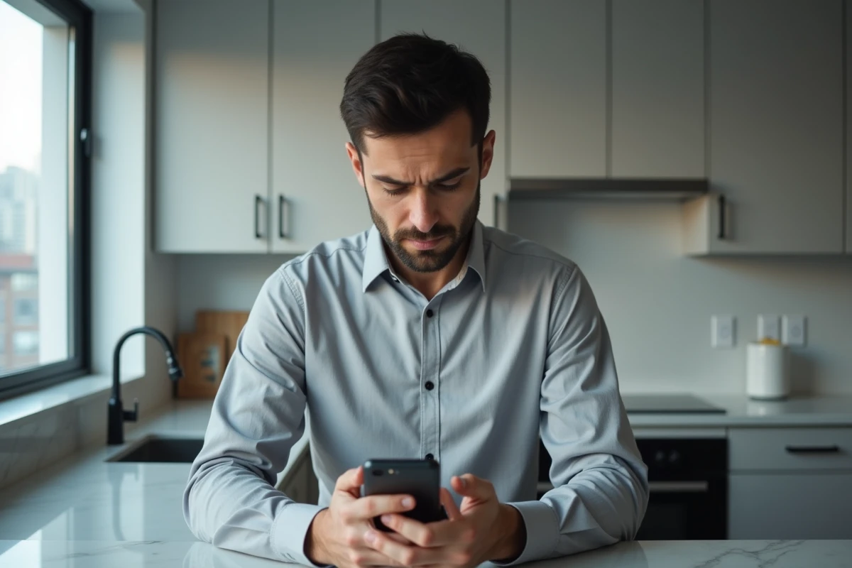 Homme vérifiant un mail suspect sur smartphone lié à son compte Nexity pour éviter une tentative de phishing