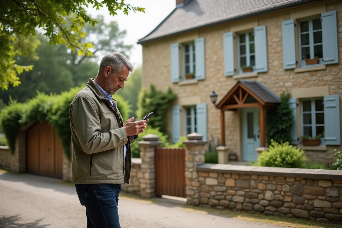 Homme consultant son téléphone devant une maison de particulier à louer dans un quartier résidentiel