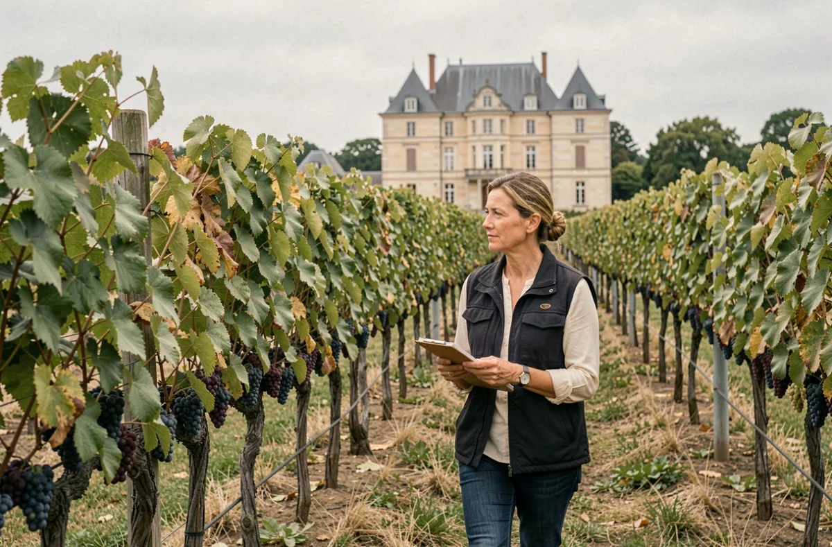 Consultante viticole inspectant les rangs de vignes d'une propriété bordelaise à vendre lors d'un audit de terrain