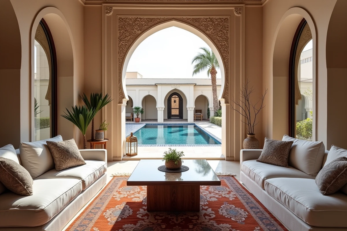 Intérieur élégant d'un appartement à Agadir avec vue directe sur la piscine privée ornée de mosaïques marocaines