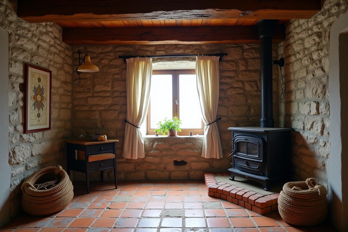 Intérieur authentique d'une maison de pêcheur bretonne avec poutres apparentes, pierres brutes et poêle en fonte à vendre