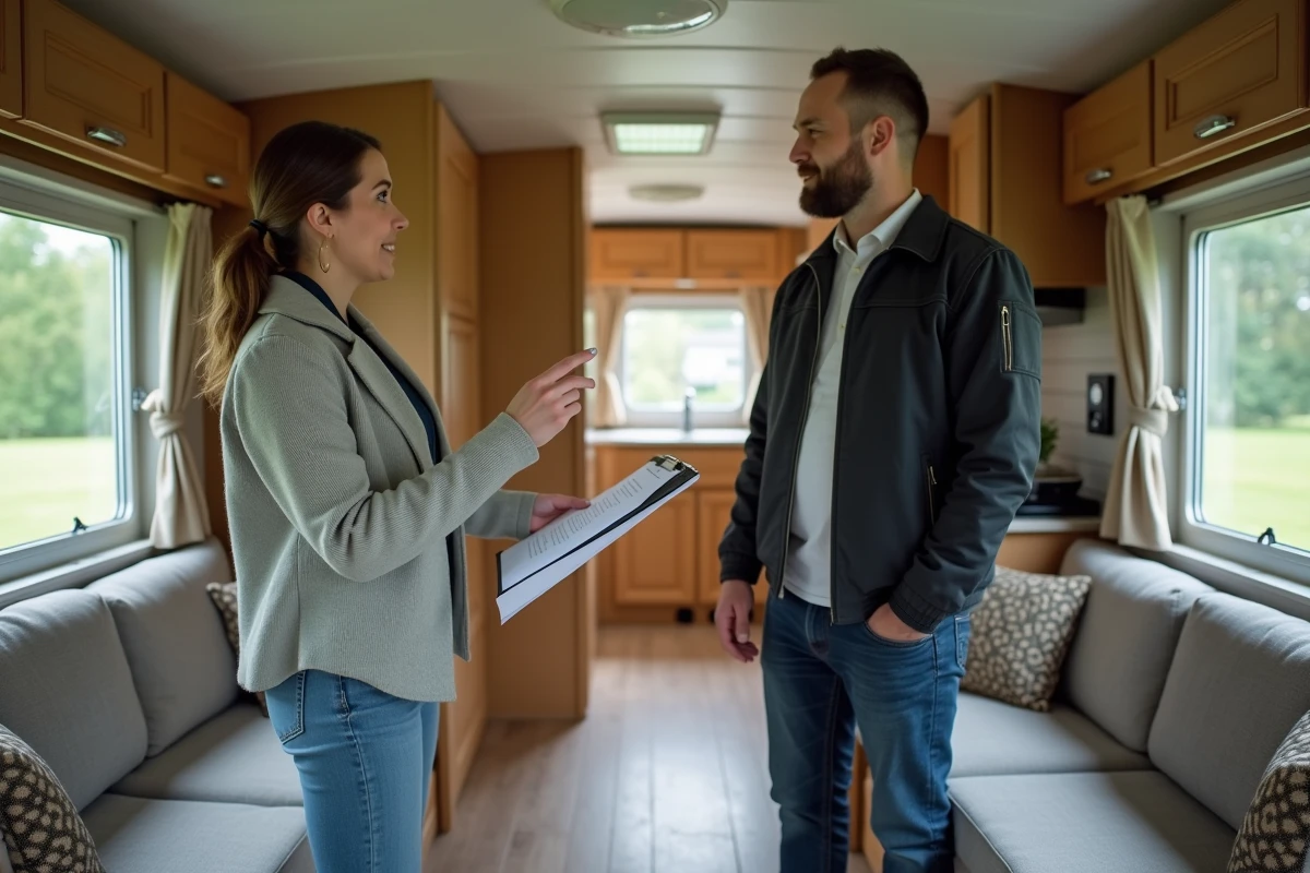 Agent immobilier présentant l'intérieur d'un mobil-home d'occasion à un acheteur potentiel dans un camping français