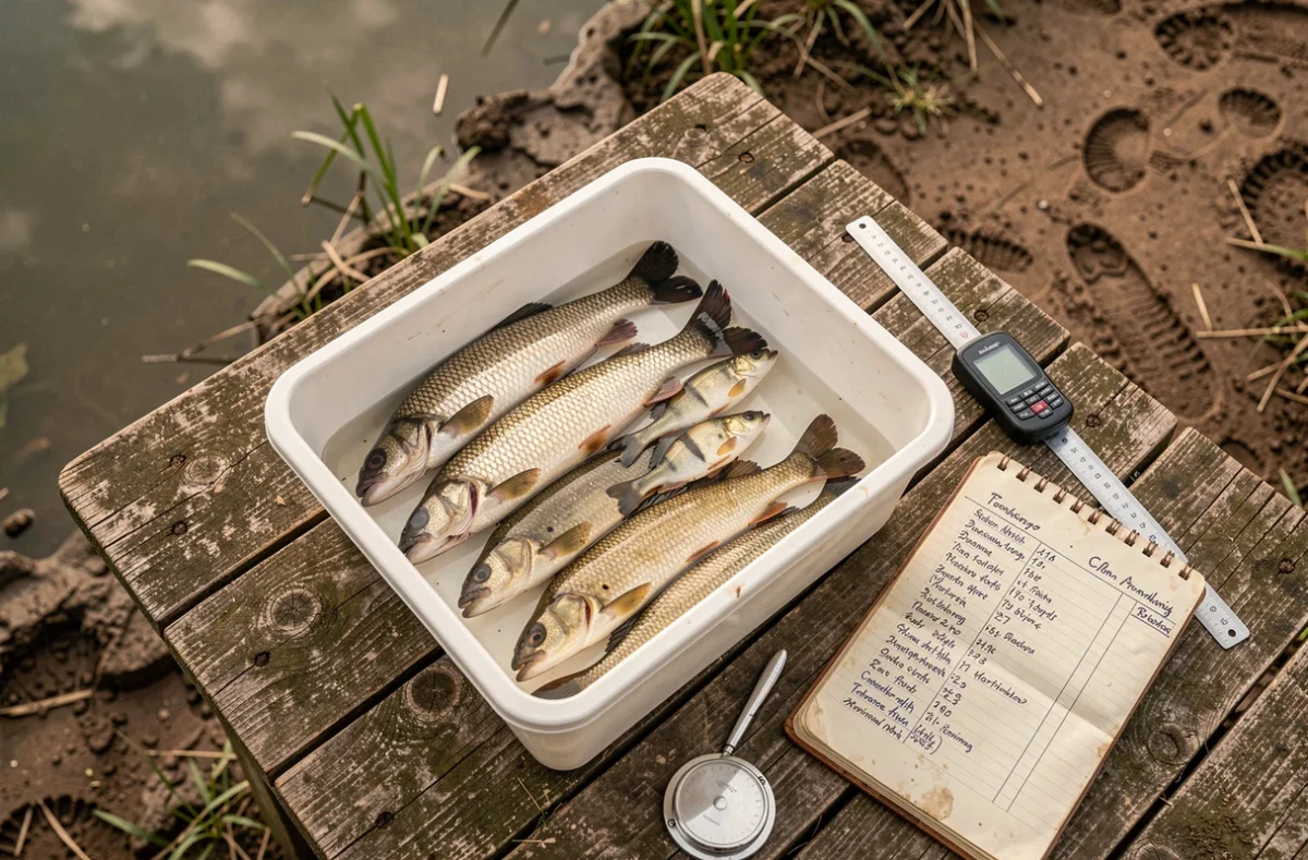 Plateau d'inventaire piscicole avec espèces de poissons triées et pesées pour évaluer le peuplement d'un étang à vendre