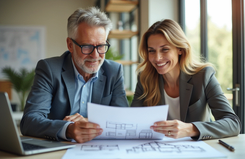 Couple d'adultes examinant des documents immobiliers en bureau lumineux