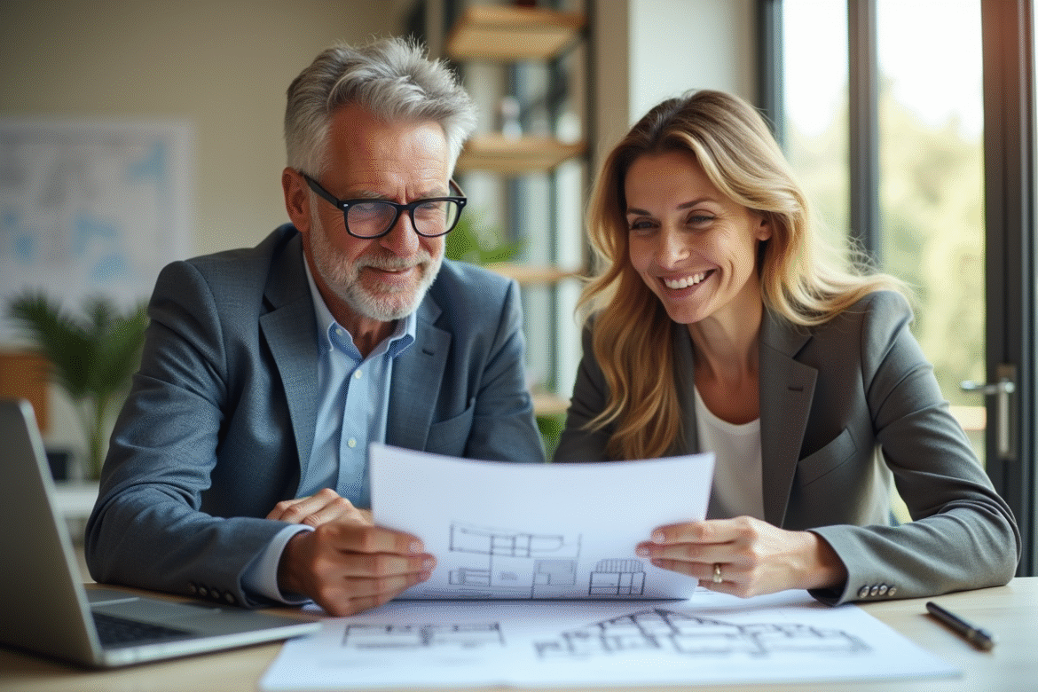Couple d'adultes examinant des documents immobiliers en bureau lumineux