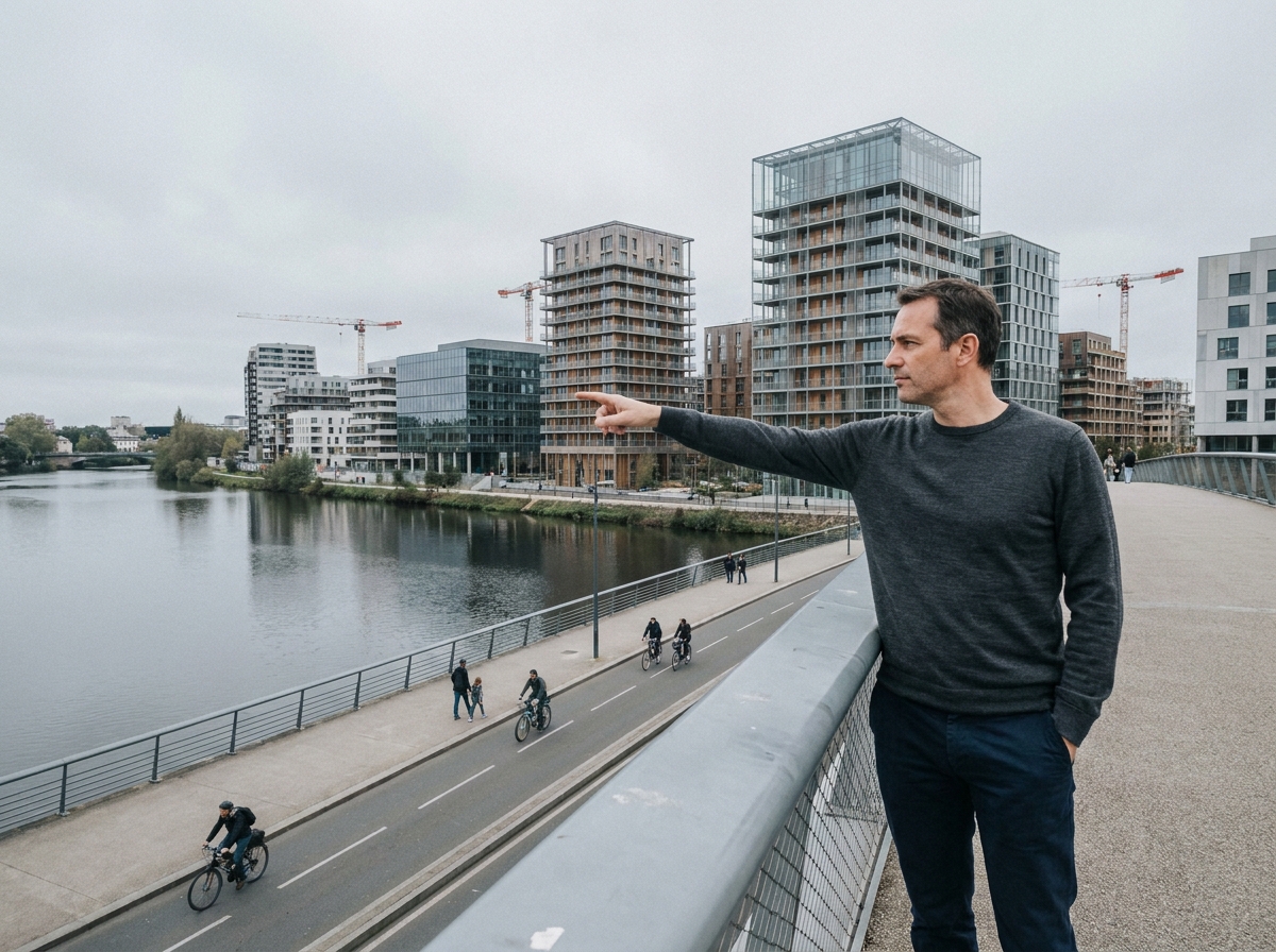 Homme observant les nouveaux quartiers en développement le long de la Vilaine à Rennes pour investir en 2026