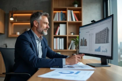 Investisseur immobilier analysant des plans de projet et des données financières sur ordinateur dans un bureau moderne