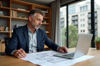 Investisseur immobilier examinant les plans d'un appartement T4 pour un investissement Pinel en 2026