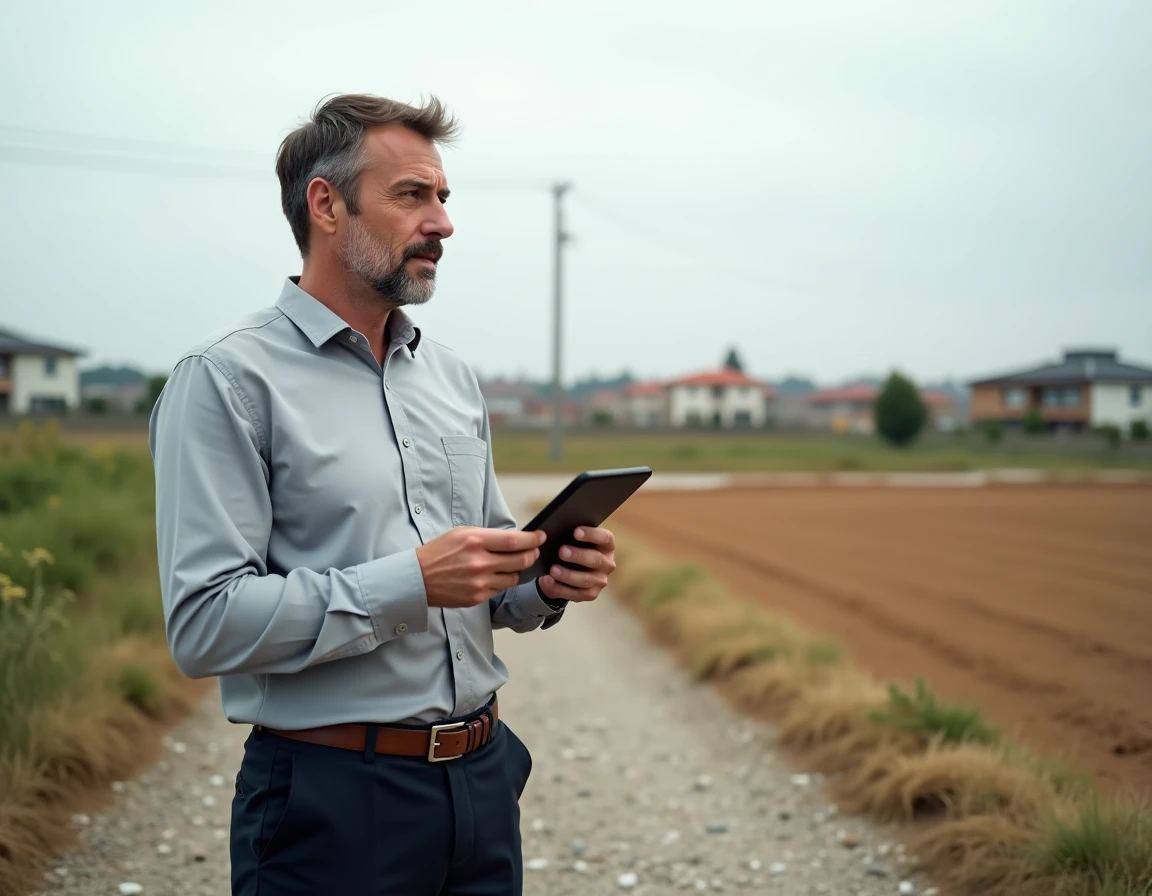 Investisseur immobilier consultant une revue foncière en ligne sur tablette lors d'une visite de terrain vague en zone périurbaine