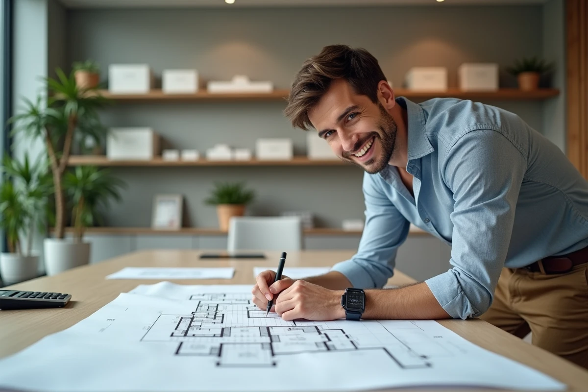 Jeune homme esquissant un plan dans une salle de réunion
