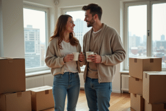 Jeune couple souriant avec cartons dans un appartement lumineux