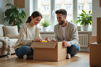 Jeune couple souriant préparant des cartons de déménagement dans un salon lumineux