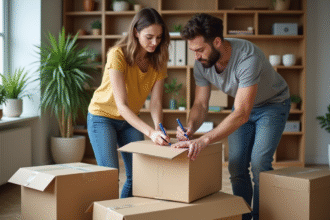 Jeune couple organisant des cartons à la maison