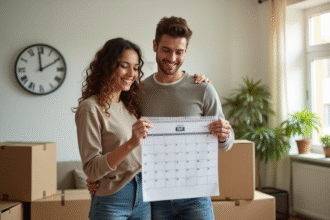 Jeune couple souriant préparant un déménagement dans un salon lumineux