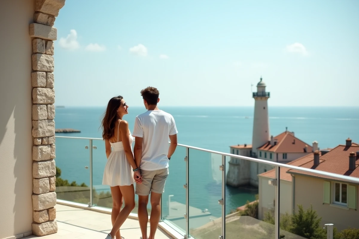Couple souriant sur la terrasse face à l’océan Atlantique
