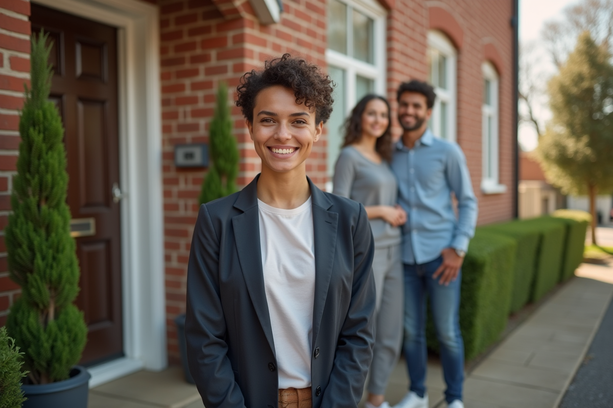 Jeune femme accueillant un couple devant sa maison rénovée