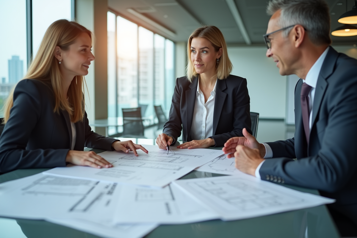Jeune femme professionnelle examinant des plans avec un notaire moderne