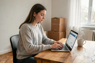 Jeune femme gérant son compte Inli en ligne depuis un appartement en cours d'emménagement