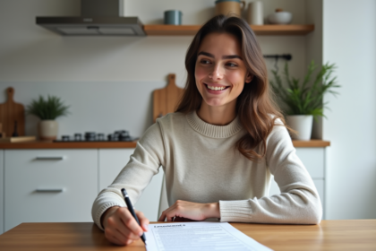 Jeune femme examine un contrat de location dans une cuisine parisienne