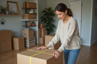 Jeune femme emballant une boxe dans un appartement moderne