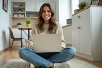 Étudiante souriante dans son appartement moderne et lumineux