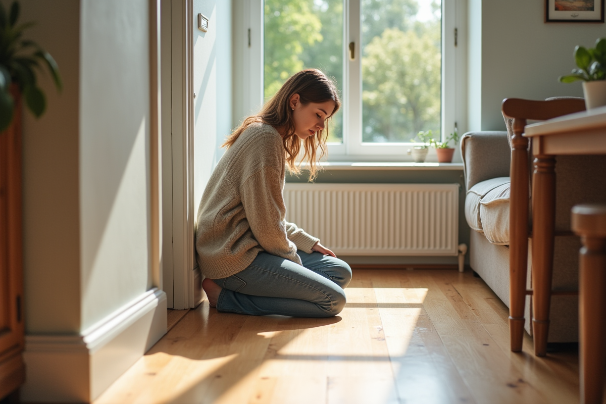 Jeune femme inspectant des plinthes dans un salon lumineux