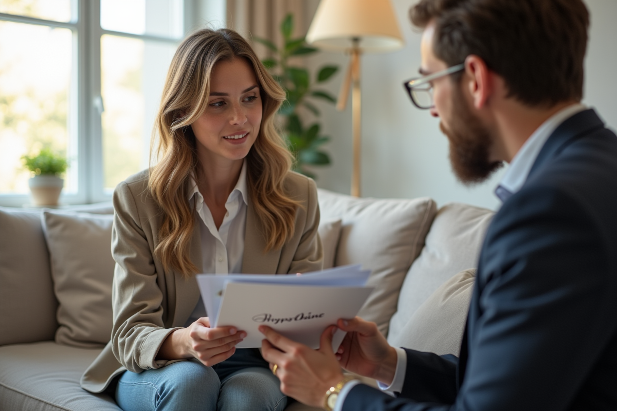 Jeune femme examinant des documents immobiliers avec un agent