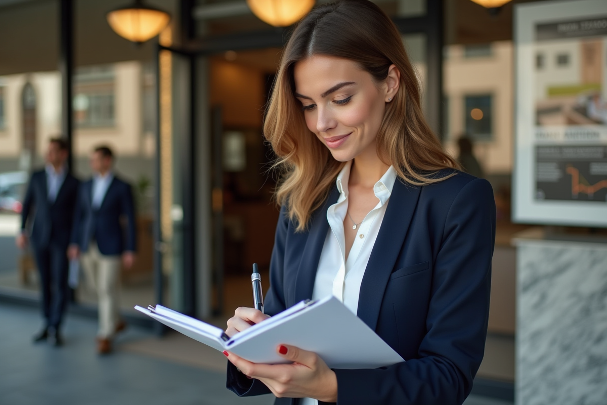 Jeune femme professionnelle examinant documents immobiliers