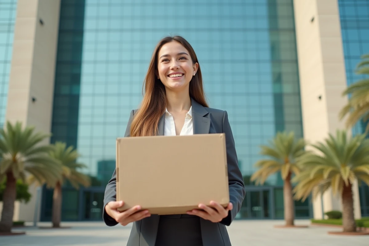 Jeune femme souriante avec box de demenagement devant Almas Tower