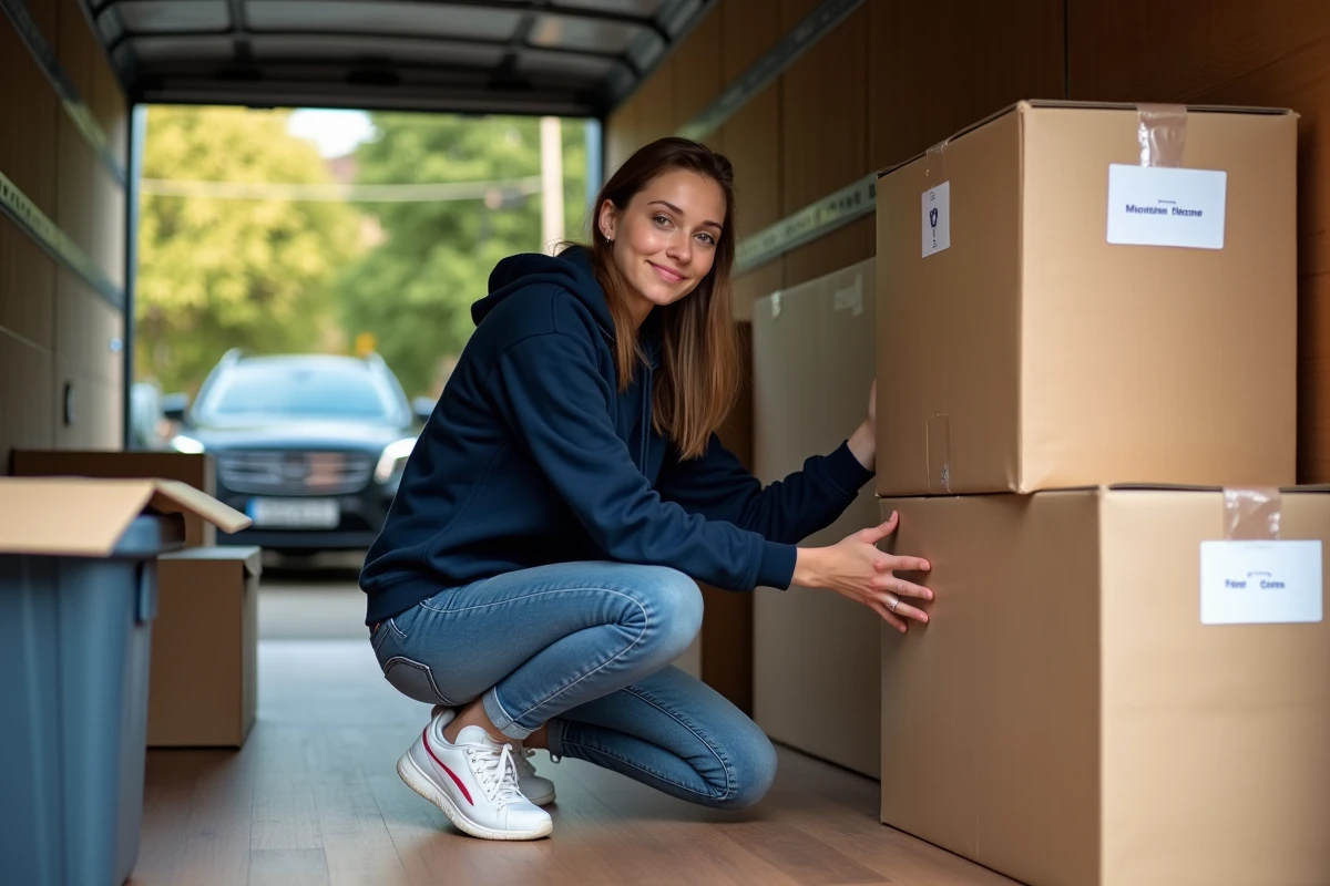 Jeune femme organisant des meubles dans un camion de déménagement