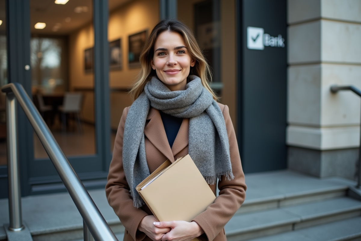 Jeune femme souriante devant une agence bancaire moderne