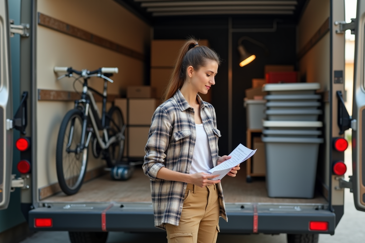 Jeune femme vérifiant une liste de déménagement dans un garage