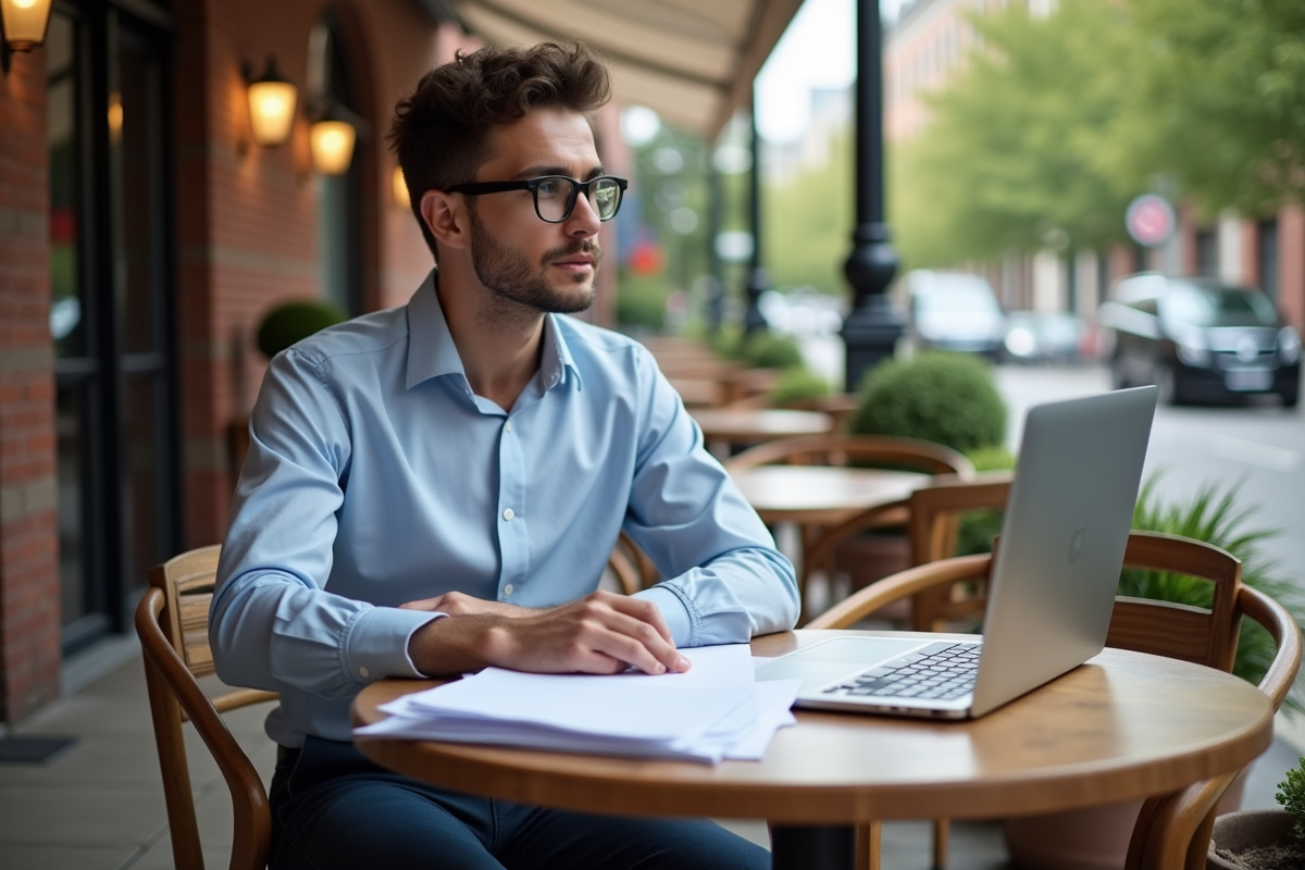 Jeune homme au café réfléchissant sur des papiers