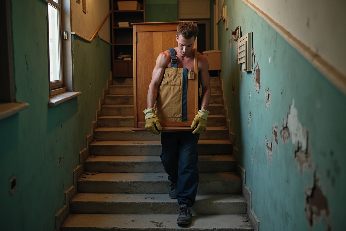 Jeune homme portant une armoire dans un couloir étroit