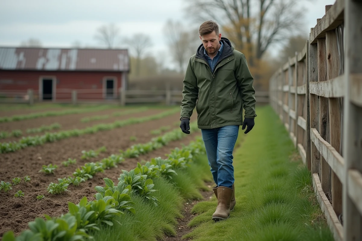 Jeune homme vérifiant une clôture en bois dans un jardin