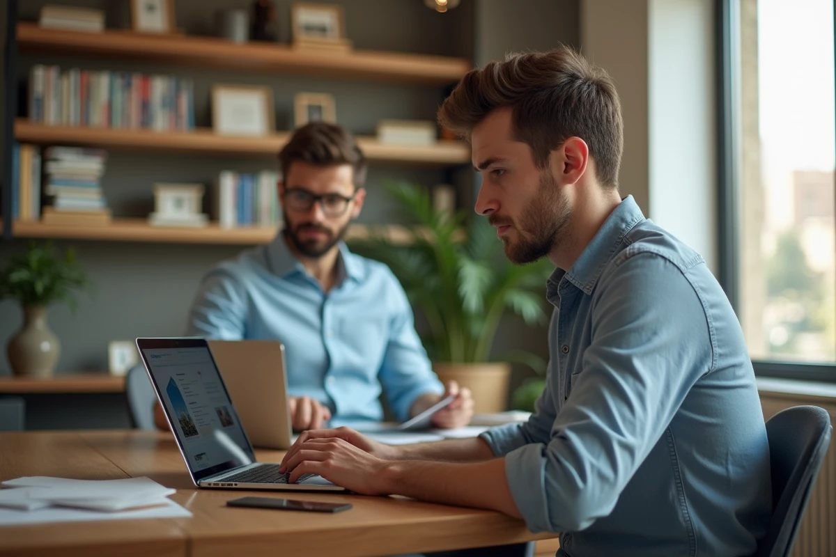 Jeune homme en tenue casual analysant des annonces immobilières