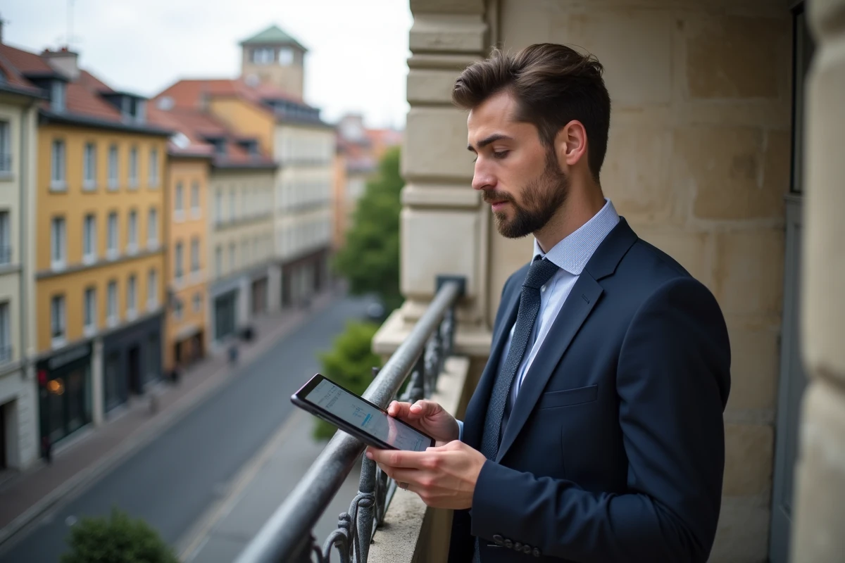 Jeune professionnel avec tablette devant un balcon lyonnais