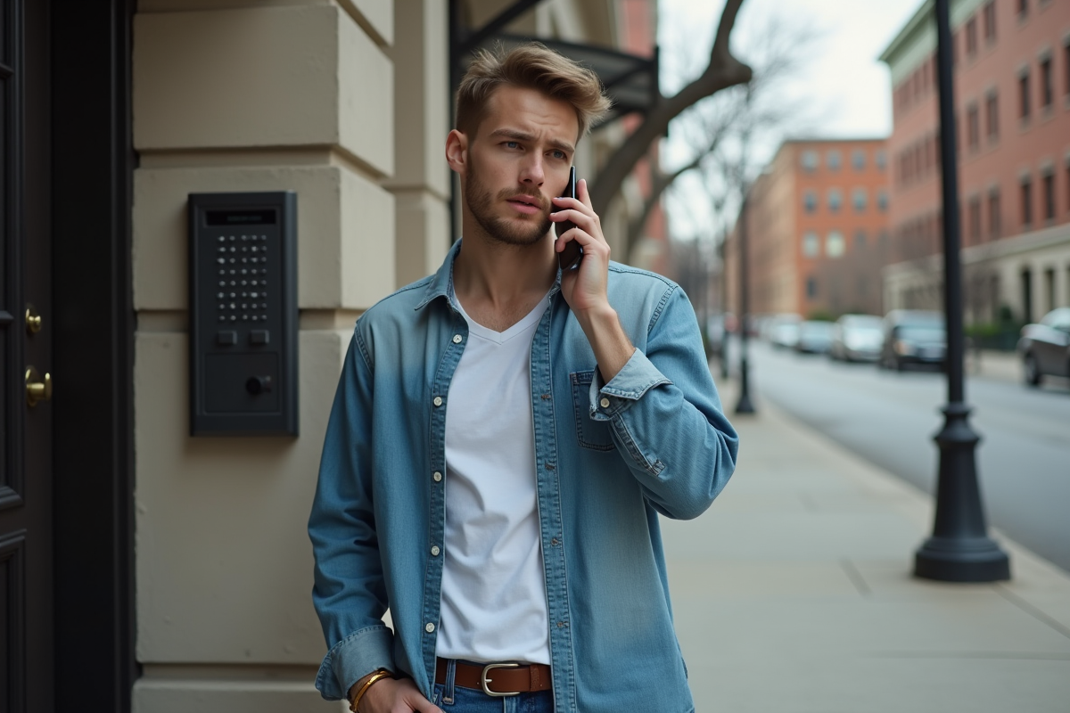 Jeune homme parlant au téléphone devant un immeuble urbain