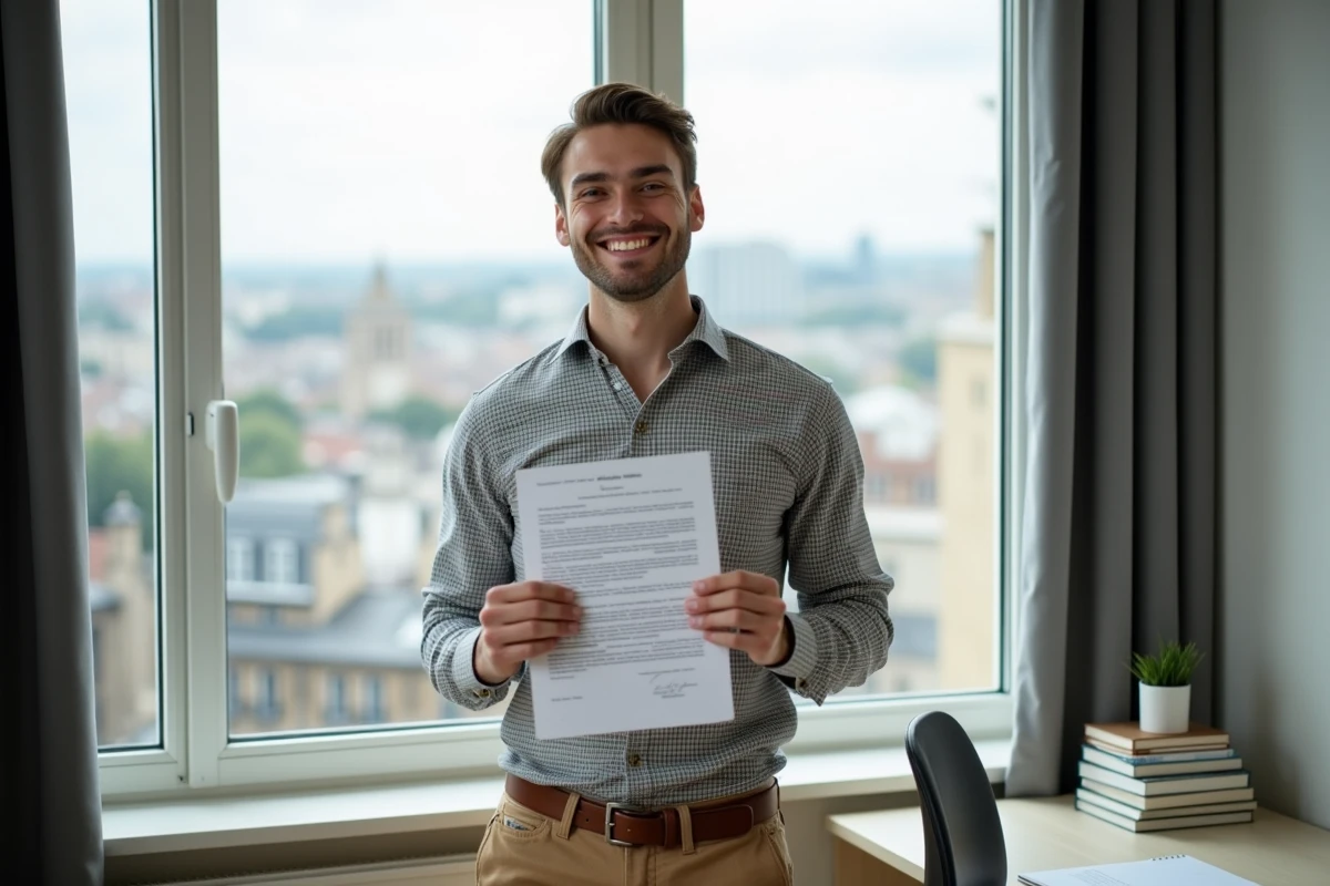 Étudiant tenant un contrat de location près d