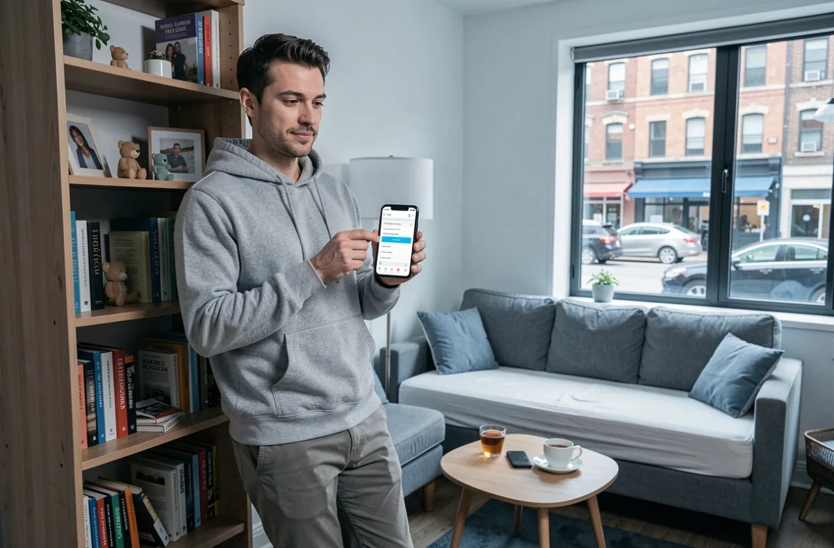 Jeune homme locataire dans un studio meublé consultant une comparaison d'assurances habitation sur smartphone