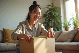 Jeune personne souriante emballant une boîte en carton dans un appartement lumineux