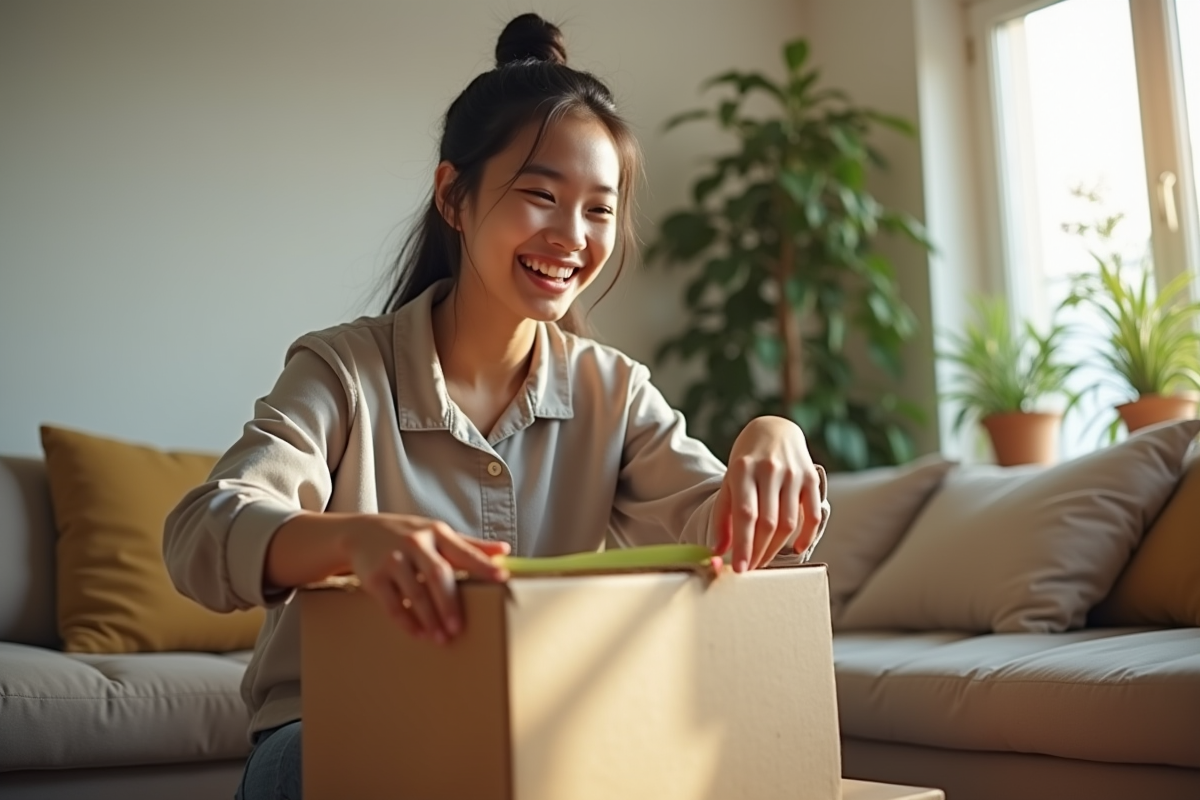 Jeune personne souriante emballant une boîte en carton dans un appartement lumineux