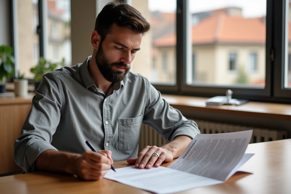 Particulier relisant attentivement un compromis immobilier avant signature à domicile