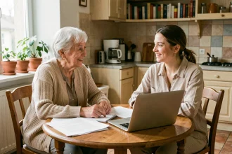 Une femme âgée et une jeune femme discutent autour d'une table avec des documents pour une lettre de motivation de logement intergénérationnel